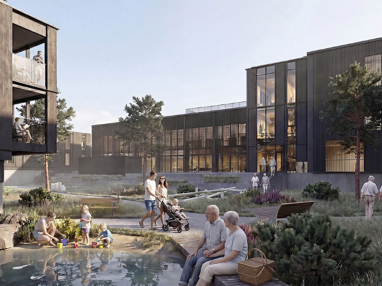 Arkitekturvisualisering af moderne bebyggelse med mørke trækladte bygninger omkring en grøn gård med vandløb, hvor mennesker slapper af, går tur og børn leger ved vandet.